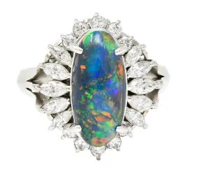 Vintage Black Opal Cabochon Marquise Cut Diamond Platinum Cluster Ring