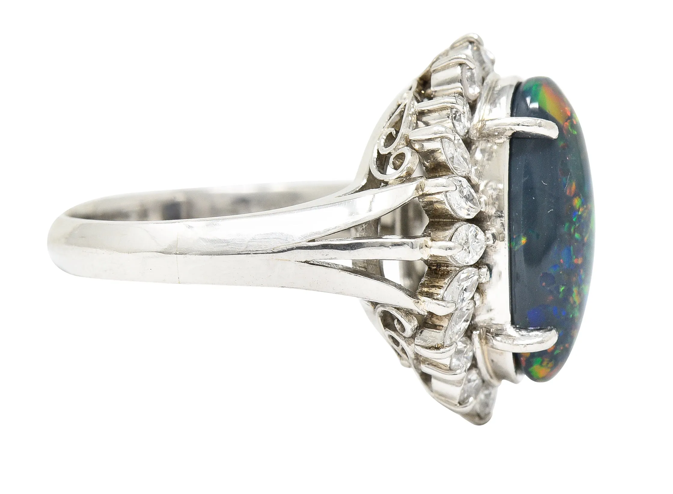 Vintage Black Opal Cabochon Marquise Cut Diamond Platinum Cluster Ring