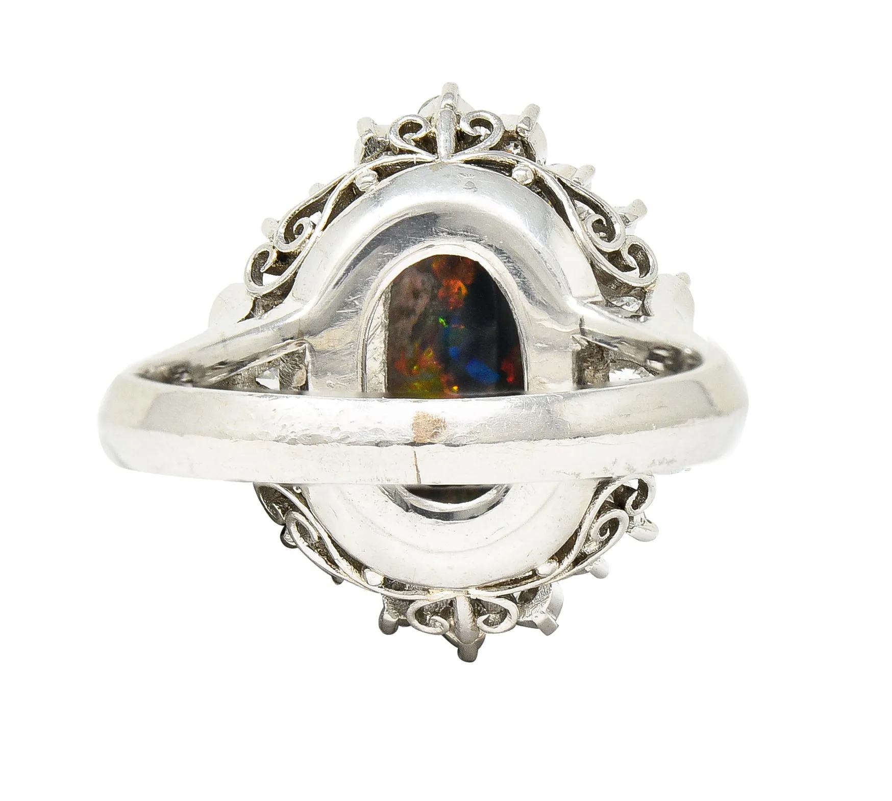 Vintage Black Opal Cabochon Marquise Cut Diamond Platinum Cluster Ring