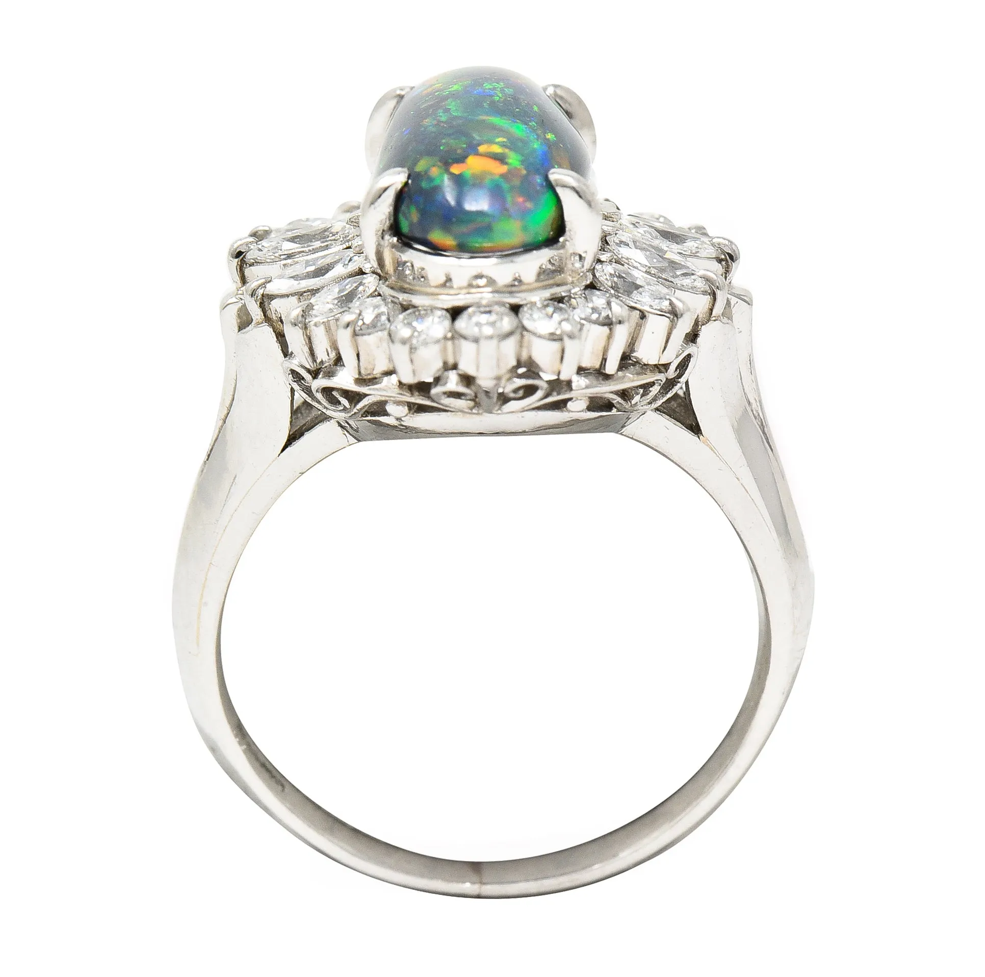 Vintage Black Opal Cabochon Marquise Cut Diamond Platinum Cluster Ring