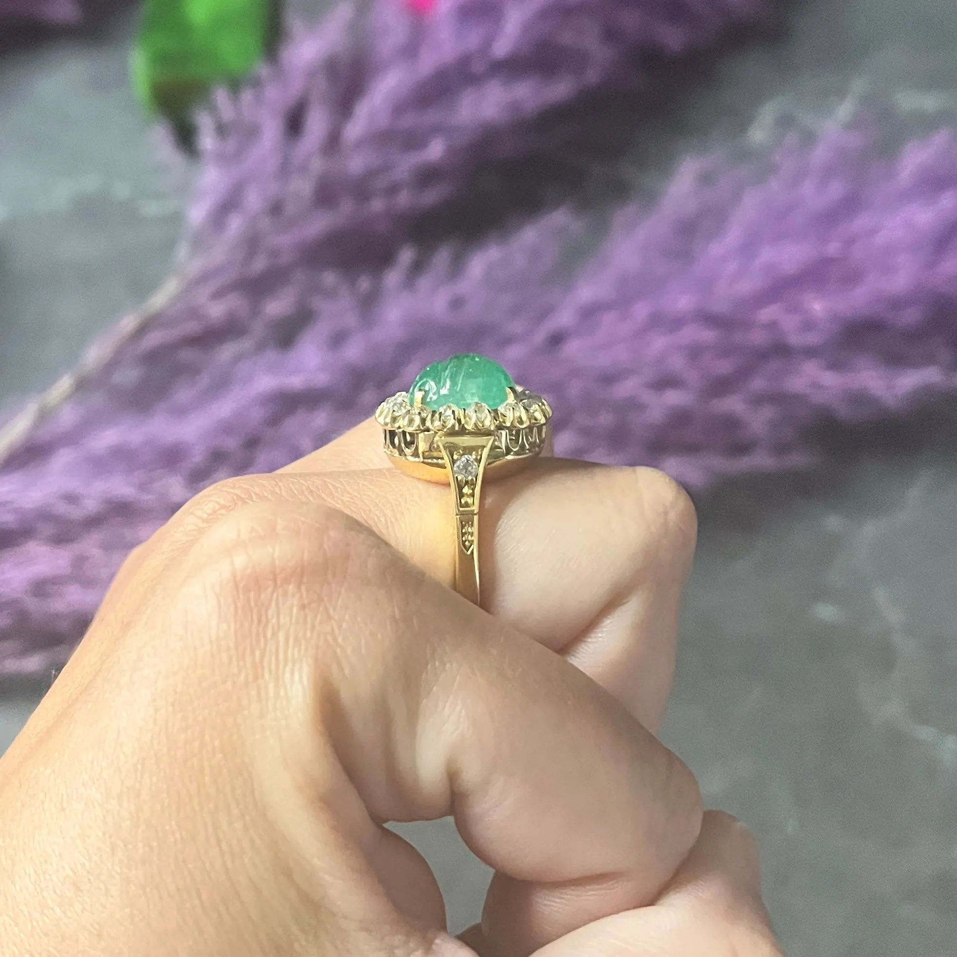 Vintage Egyptian Revival 7.80 CTW Carved Emerald Diamond 18 Karat Yellow Gold Cluster Gemstone Scarab Ring