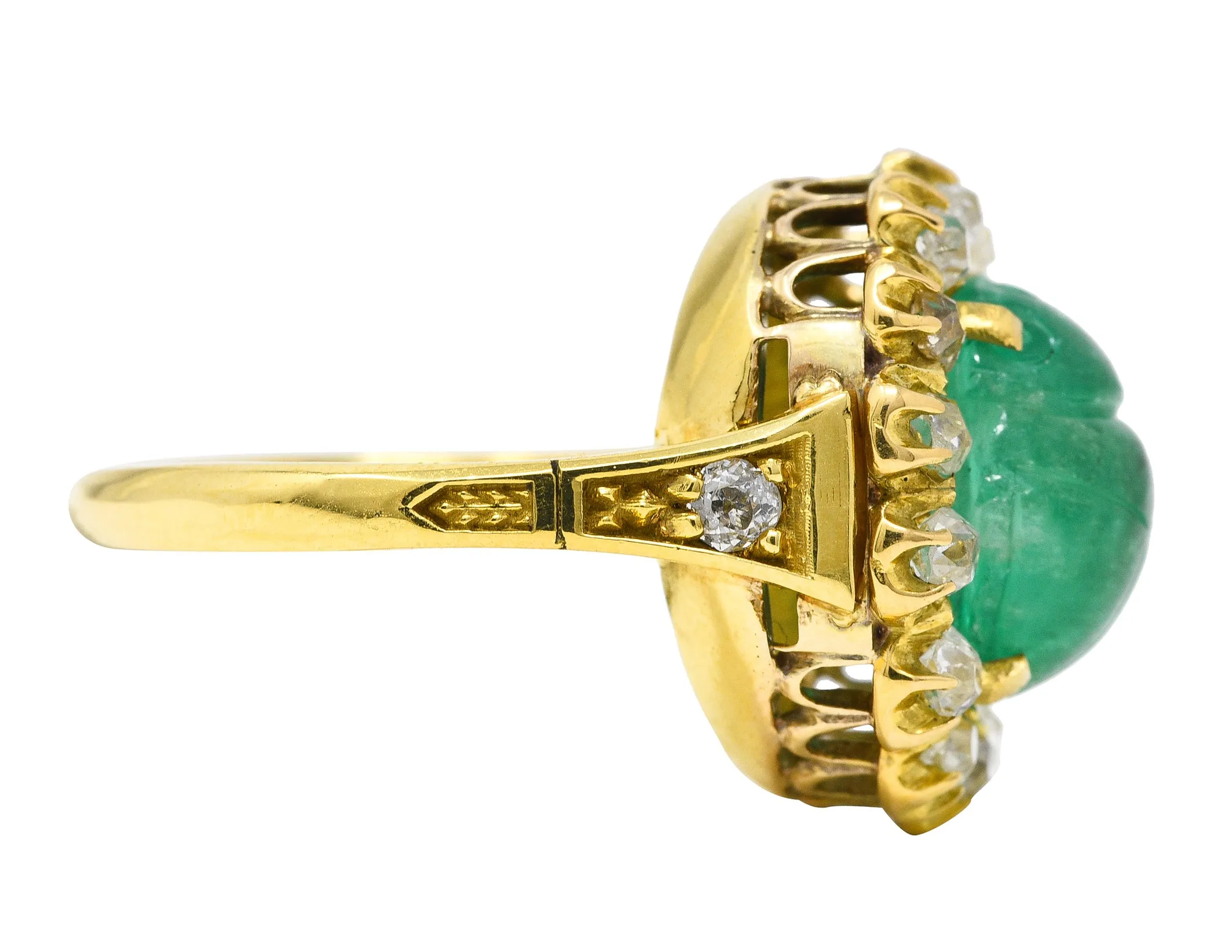 Vintage Egyptian Revival 7.80 CTW Carved Emerald Diamond 18 Karat Yellow Gold Cluster Gemstone Scarab Ring