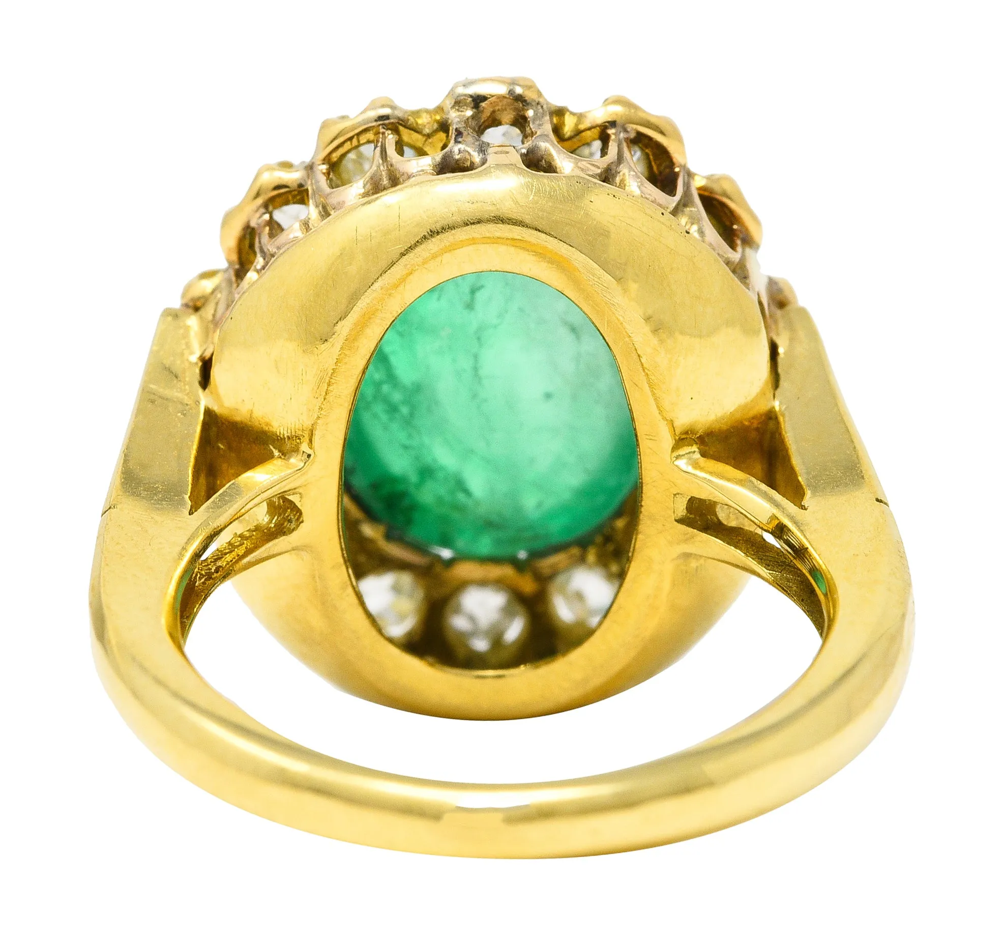 Vintage Egyptian Revival 7.80 CTW Carved Emerald Diamond 18 Karat Yellow Gold Cluster Gemstone Scarab Ring