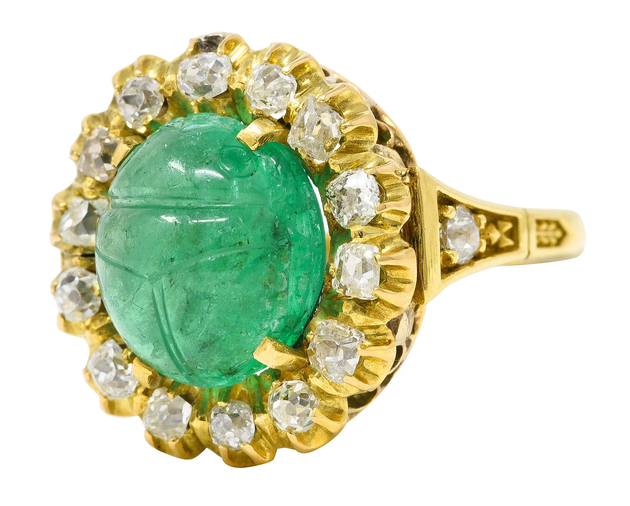 Vintage Egyptian Revival 7.80 CTW Carved Emerald Diamond 18 Karat Yellow Gold Cluster Gemstone Scarab Ring