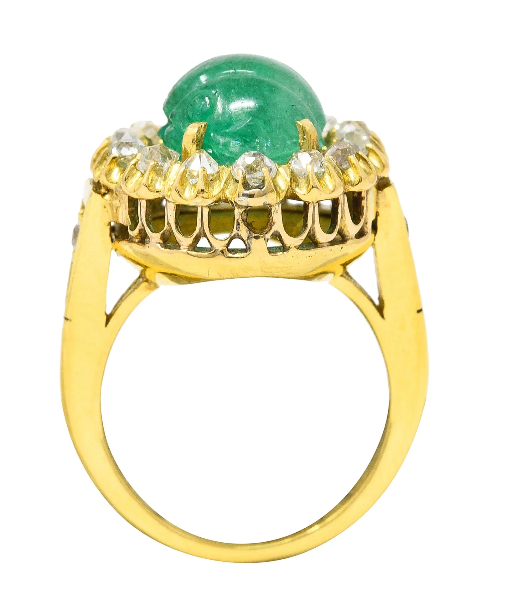 Vintage Egyptian Revival 7.80 CTW Carved Emerald Diamond 18 Karat Yellow Gold Cluster Gemstone Scarab Ring