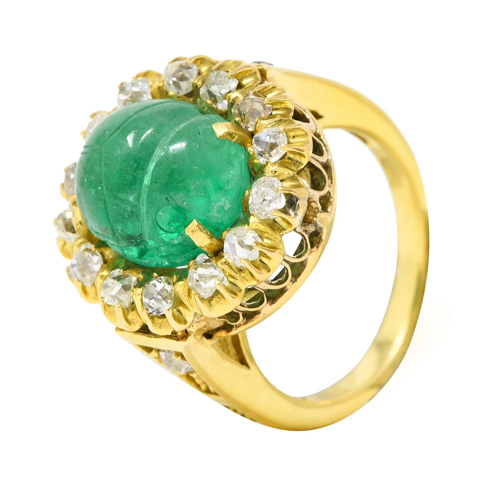 Vintage Egyptian Revival 7.80 CTW Carved Emerald Diamond 18 Karat Yellow Gold Cluster Gemstone Scarab Ring