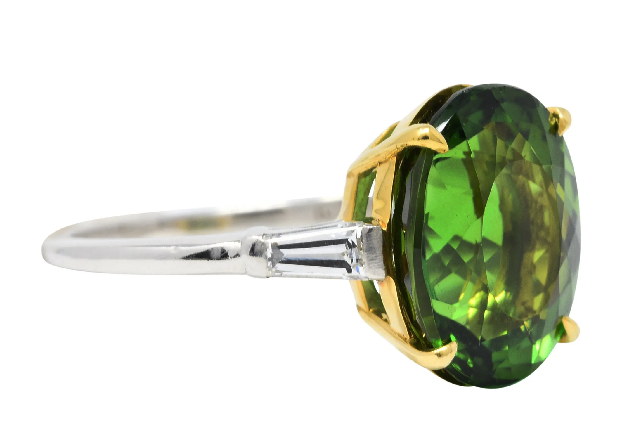 Vintage Green Tourmaline Diamond 18 Karat Gold Platinum Gemstone Ring