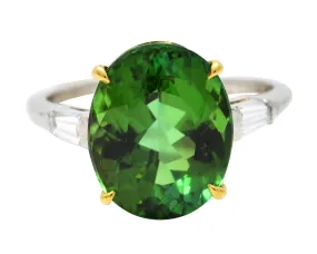 Vintage Green Tourmaline Diamond 18 Karat Gold Platinum Gemstone Ring