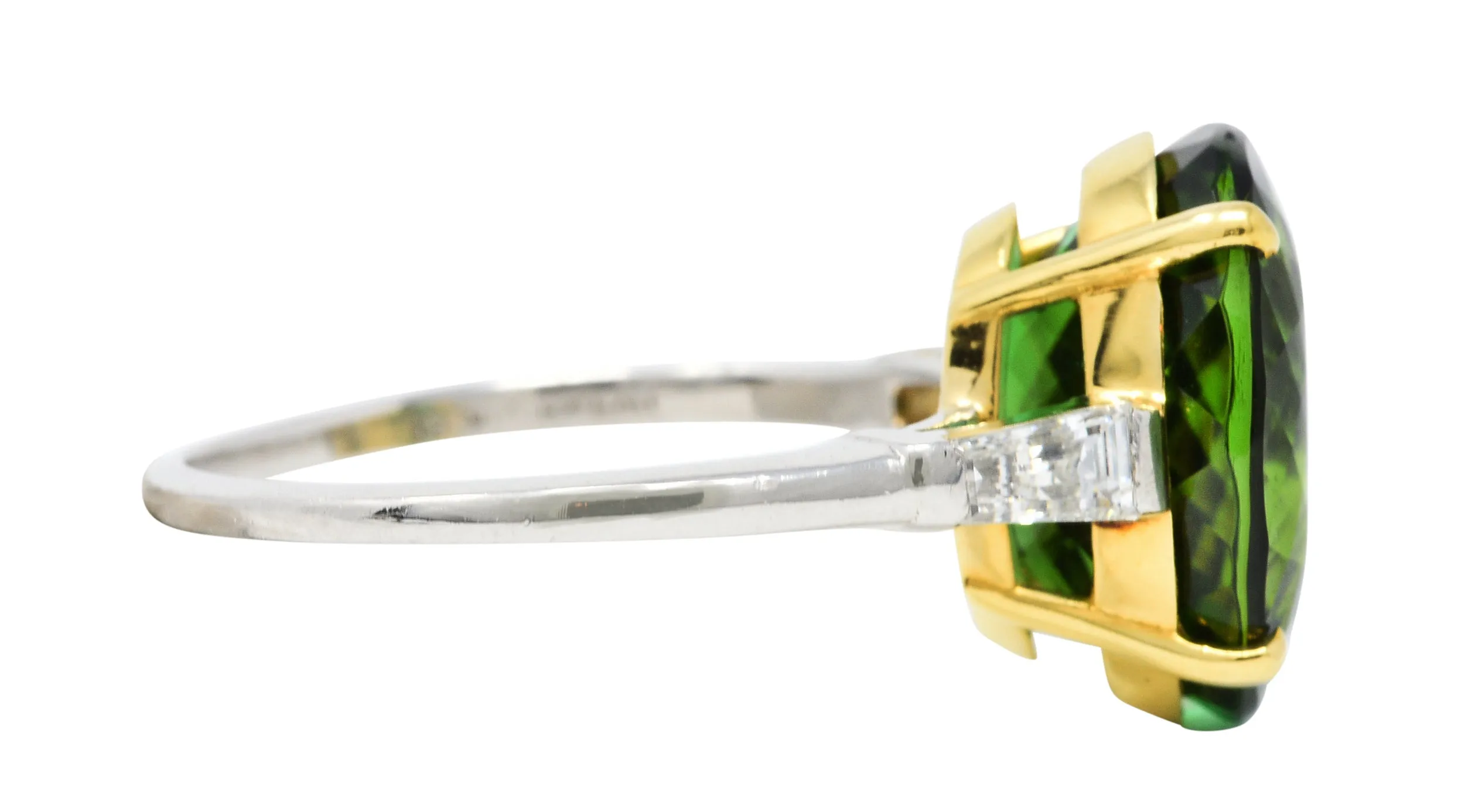 Vintage Green Tourmaline Diamond 18 Karat Gold Platinum Gemstone Ring