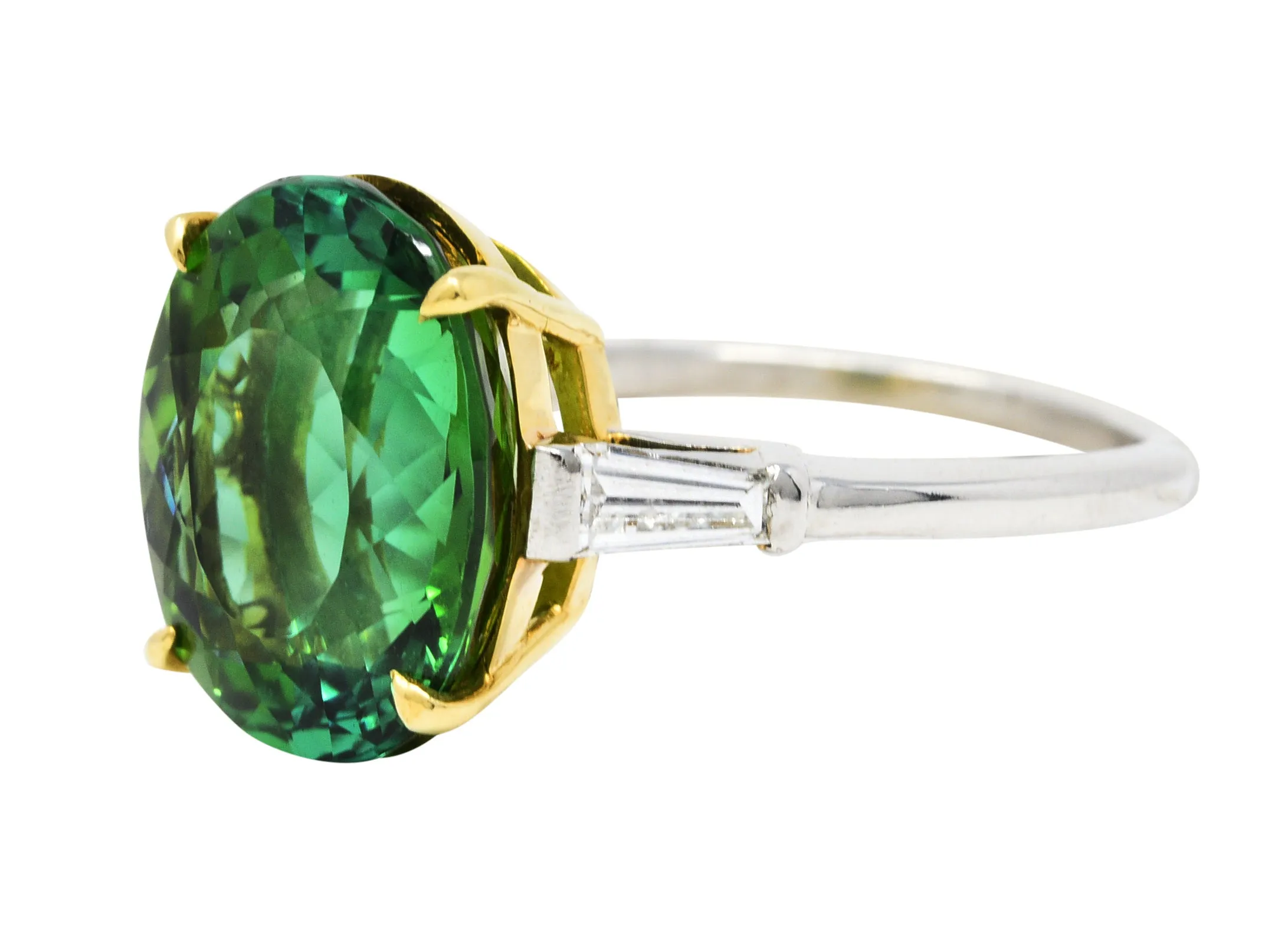 Vintage Green Tourmaline Diamond 18 Karat Gold Platinum Gemstone Ring