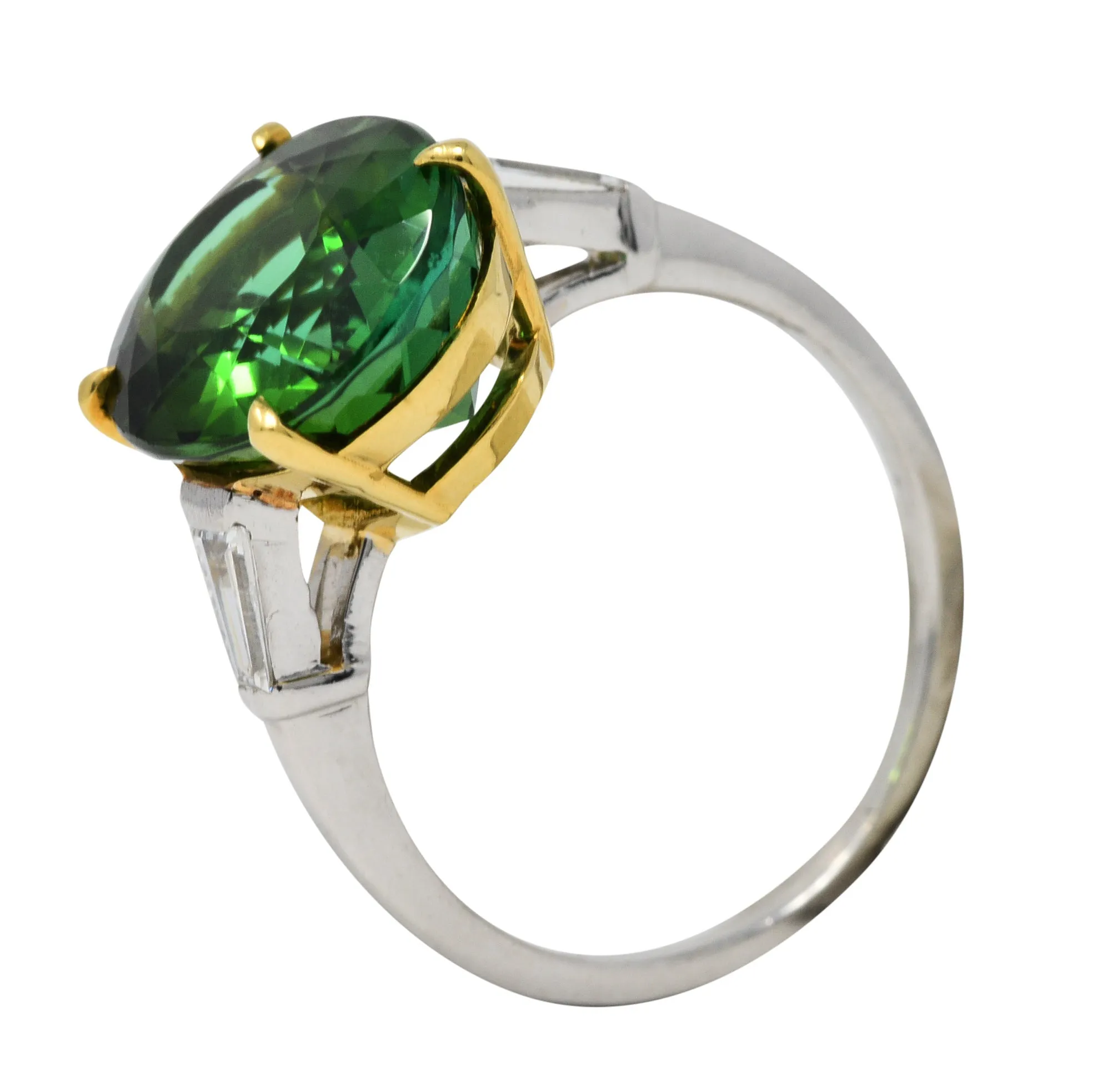 Vintage Green Tourmaline Diamond 18 Karat Gold Platinum Gemstone Ring