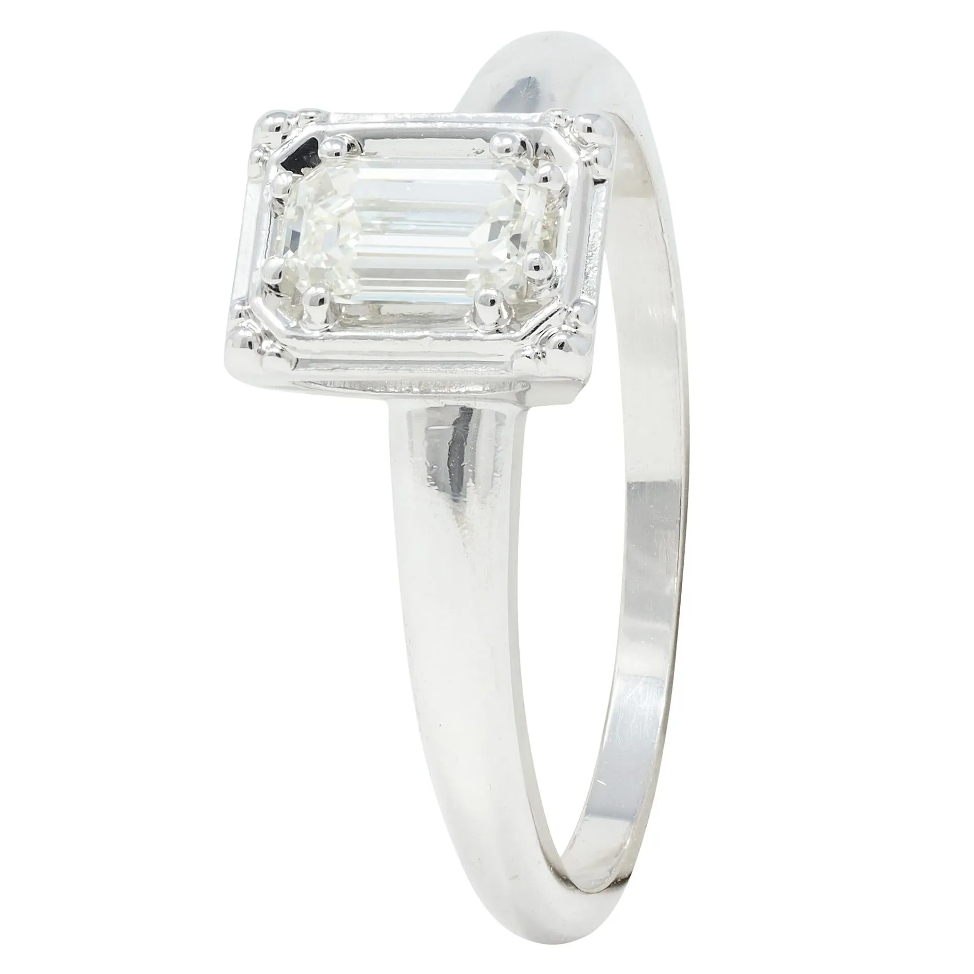 Vintage Mid-Century Emerald Cut Diamond 14 Karat White Gold Engagement Ring