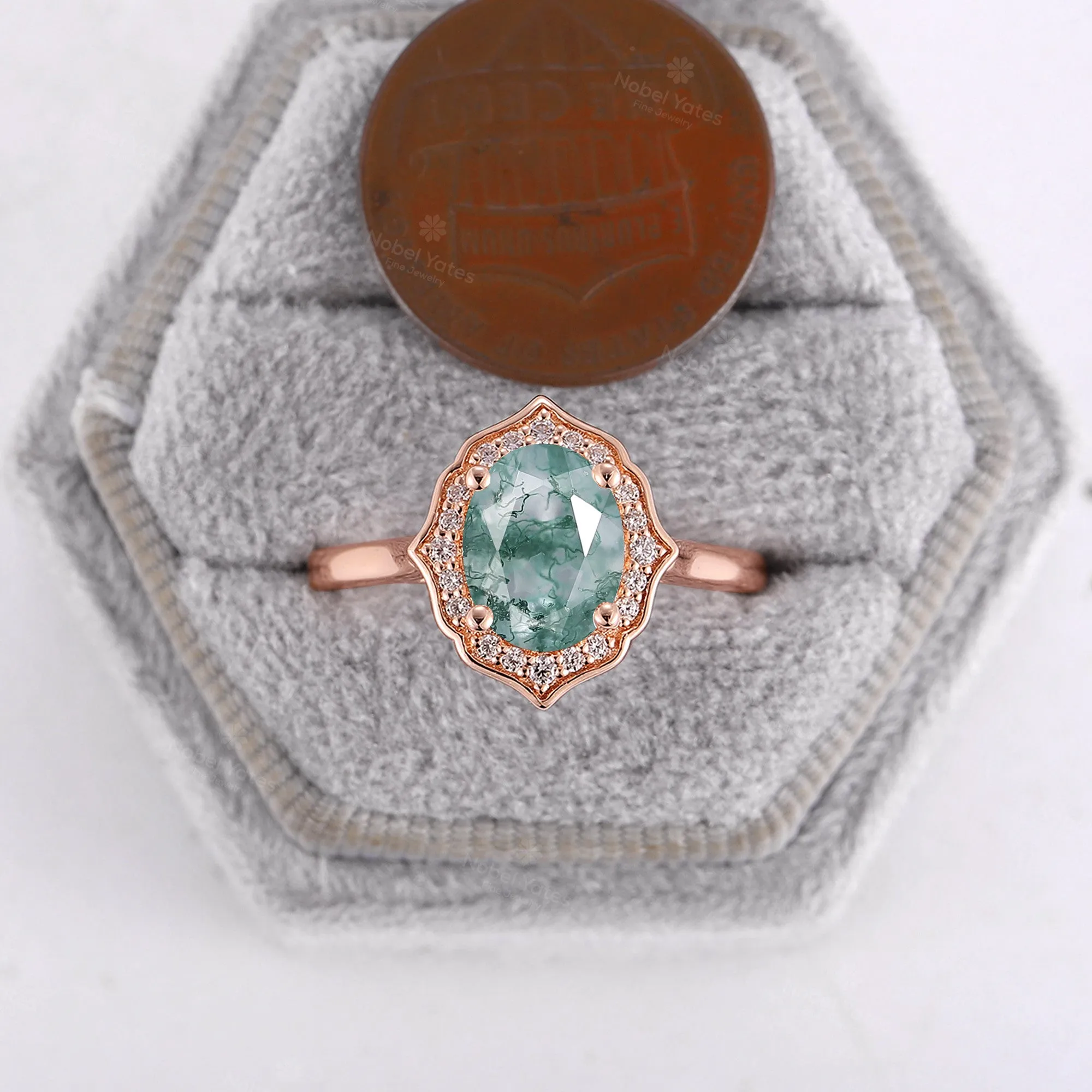 Vintage Oval Shape Moss Agate Engagement Ring Rose Gold Halo