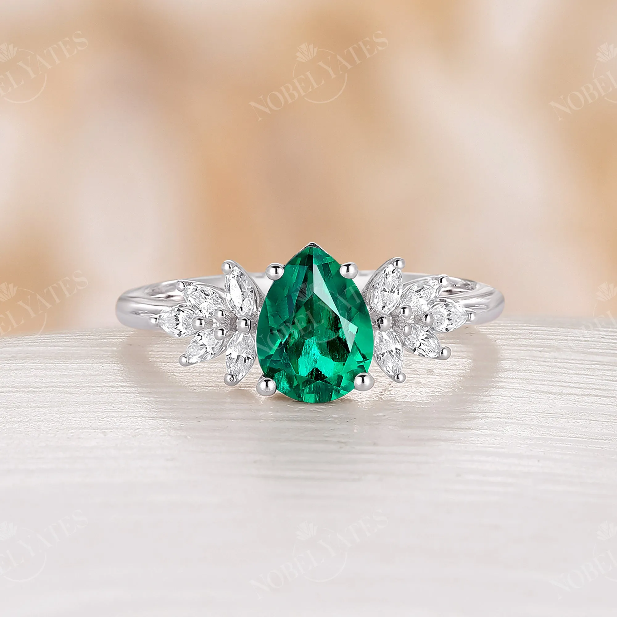 Vintage Pear Lab Emerald Cluster Engagement Ring Rose Gold