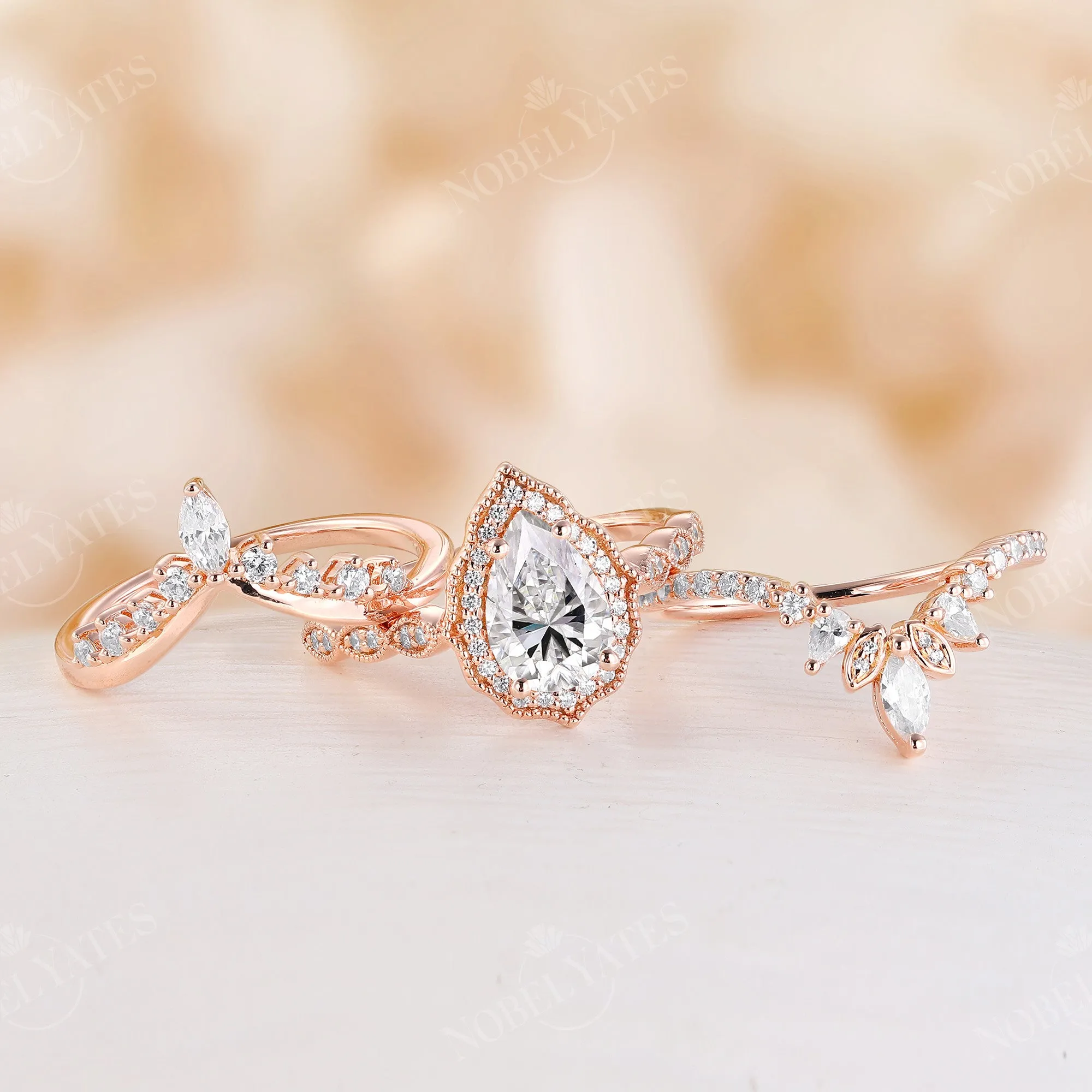 Vintage Pear Moissanite Rose Gold Halo & Milgrain Engagement Ring Set