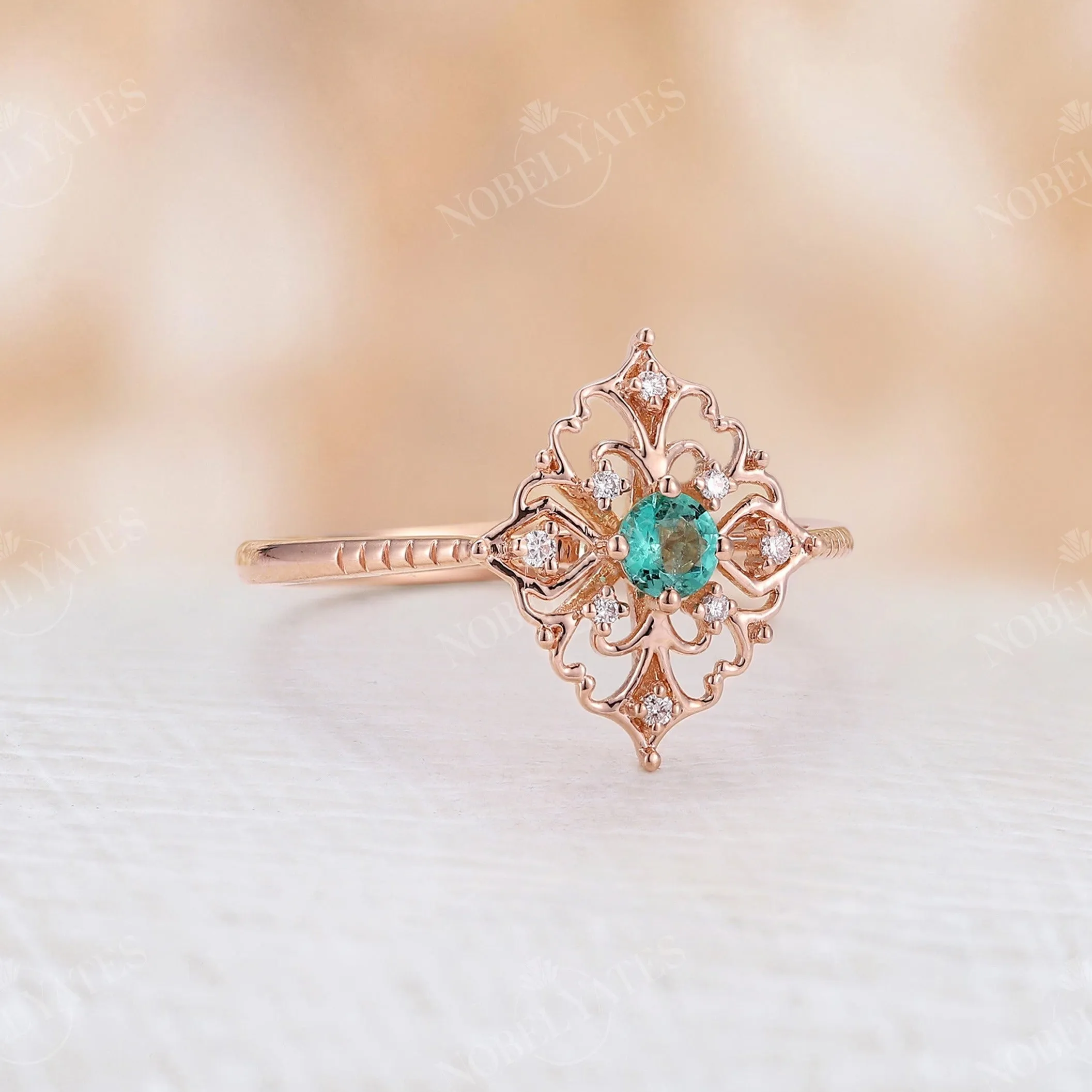 Vintage Round Emerald Engagement Ring Rose Gold