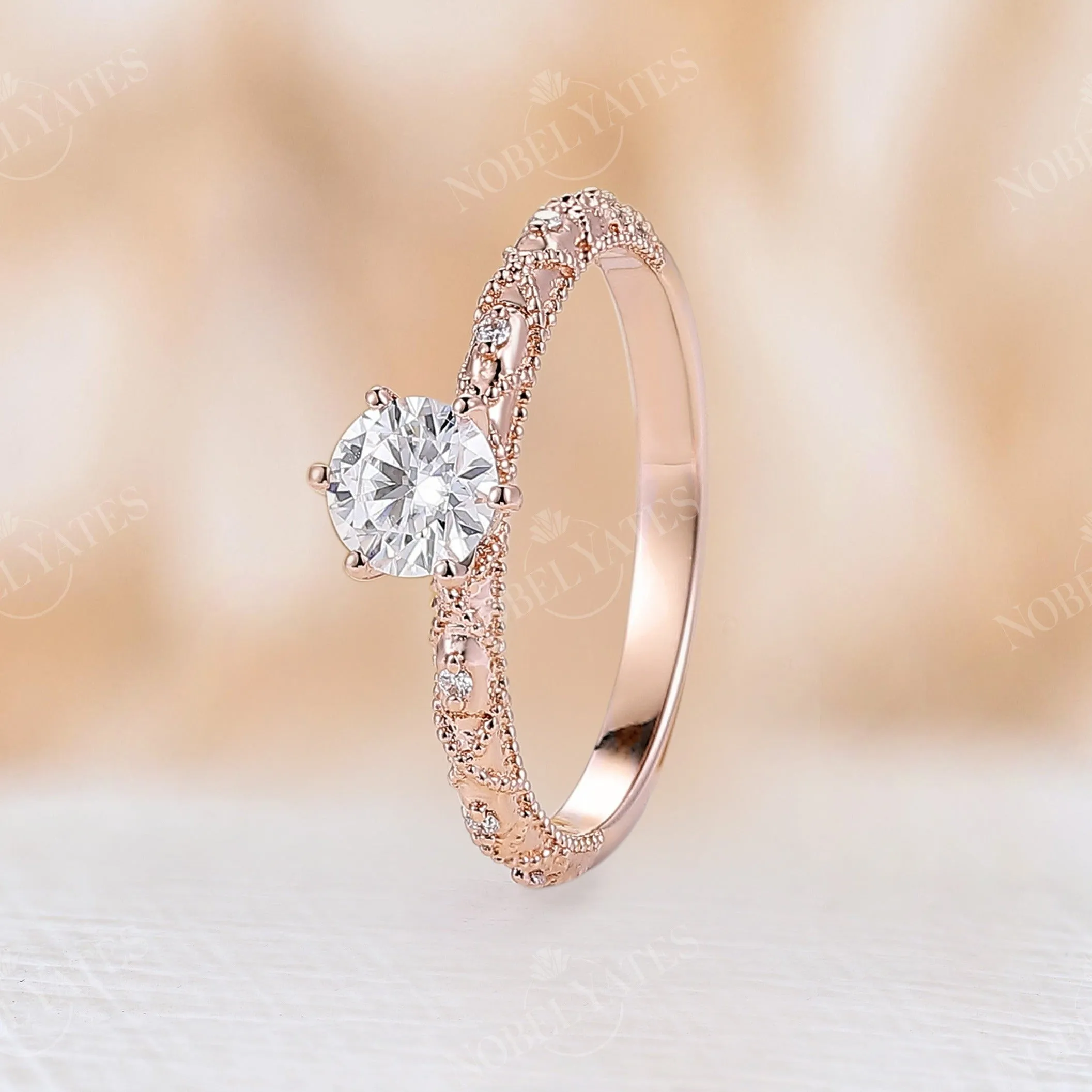 Vintage Round Moissanite Milgrain Engagement Ring Rose Gold