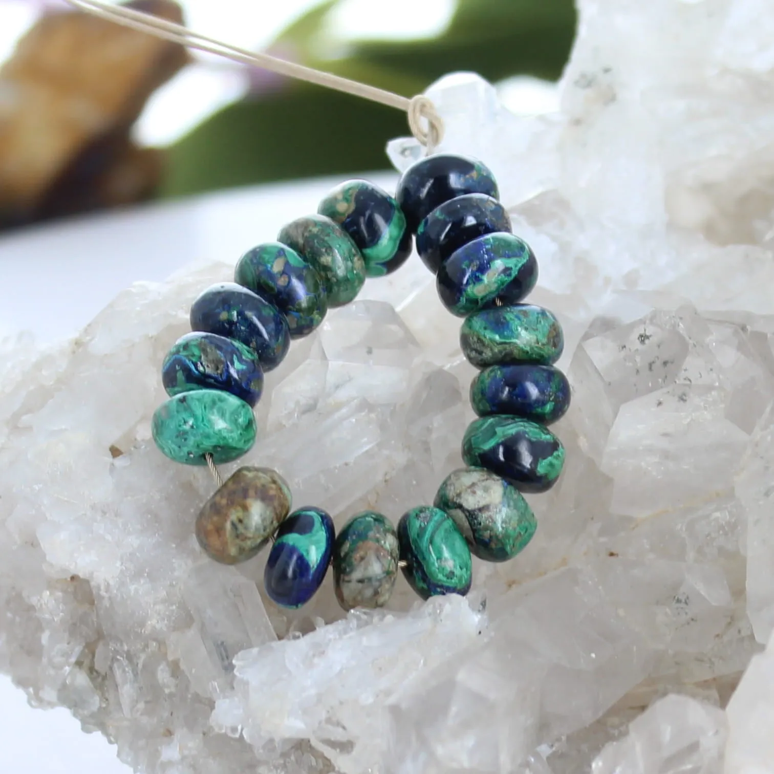 Vintage Stock Arizona Azurite Malacite Beads Rondelles 8mm Jerome, Arizona 17Pcs