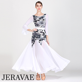 White Ballroom Dress with Grey Floral Bodice, Long Flared Sleeves, and Full Single Layer Skirt with Wrapped Horsehair Hem PRA 26