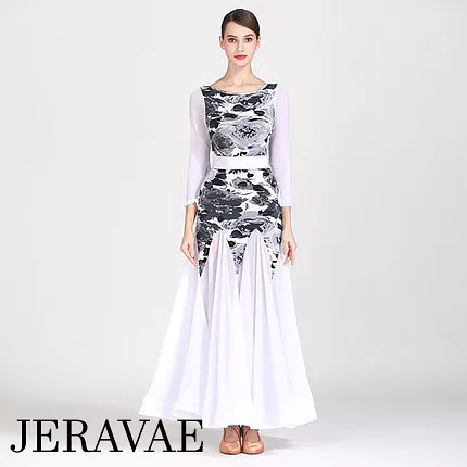 White Ballroom Dress with Grey Floral Bodice, Long Flared Sleeves, and Full Single Layer Skirt with Wrapped Horsehair Hem PRA 26