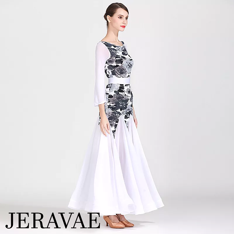 White Ballroom Dress with Grey Floral Bodice, Long Flared Sleeves, and Full Single Layer Skirt with Wrapped Horsehair Hem PRA 26