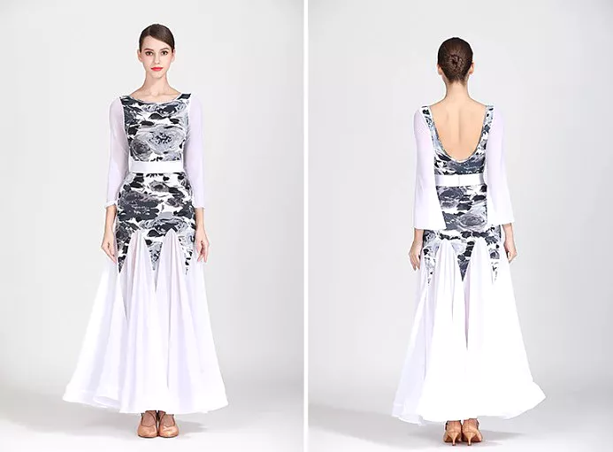 White Ballroom Dress with Grey Floral Bodice, Long Flared Sleeves, and Full Single Layer Skirt with Wrapped Horsehair Hem PRA 26