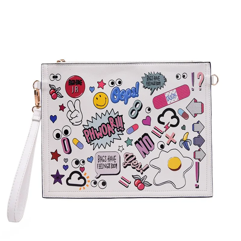 White Black Comic Cartoon Harajuku Punk Rock Oversized Envelope Clutch Bag Purse