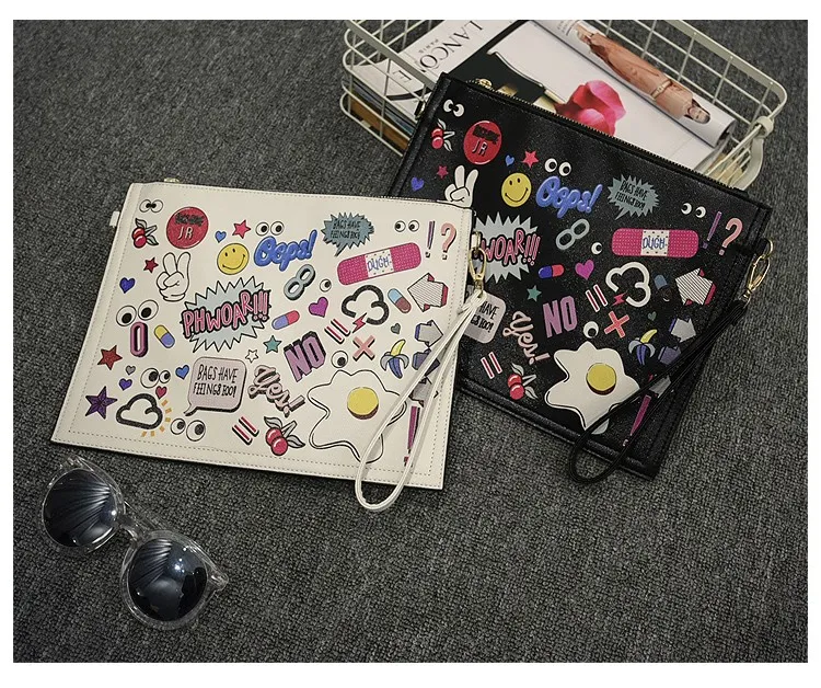 White Black Comic Cartoon Harajuku Punk Rock Oversized Envelope Clutch Bag Purse