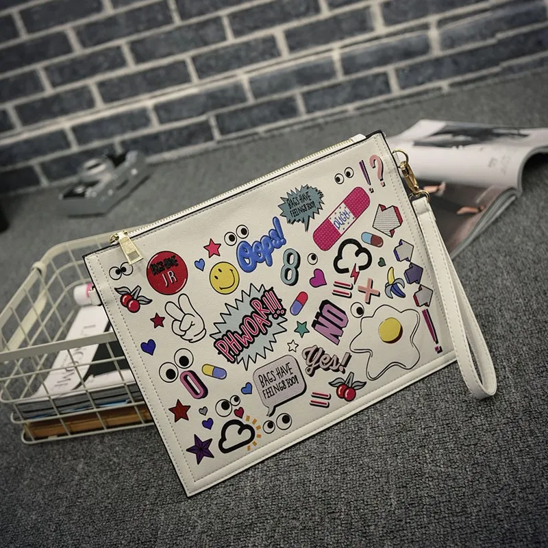 White Black Comic Cartoon Harajuku Punk Rock Oversized Envelope Clutch Bag Purse