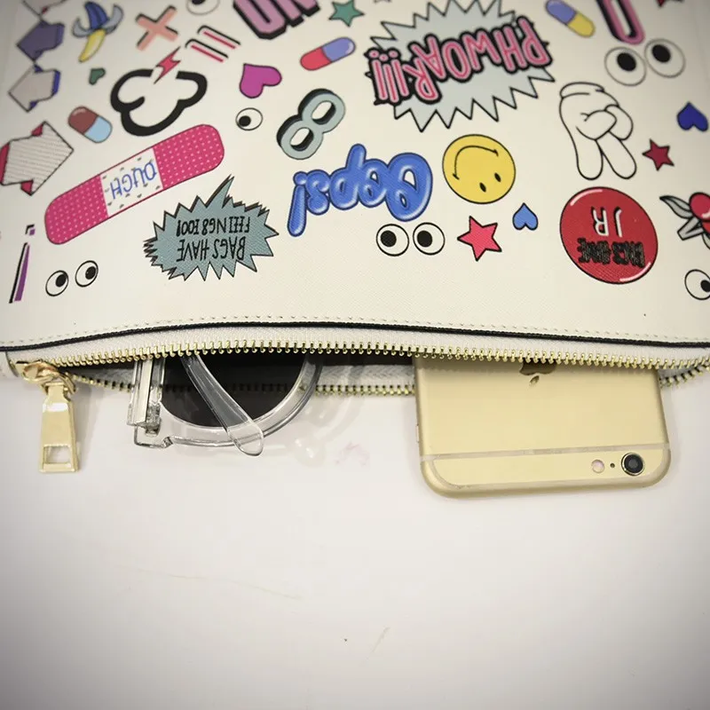 White Black Comic Cartoon Harajuku Punk Rock Oversized Envelope Clutch Bag Purse