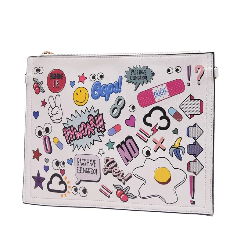 White Black Comic Cartoon Harajuku Punk Rock Oversized Envelope Clutch Bag Purse