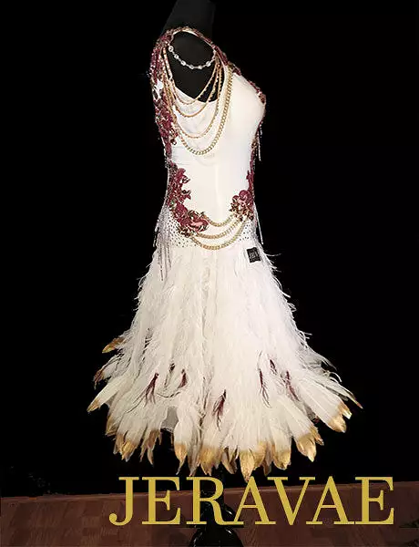 White Red and Gold Latin/Rhythm Dress with Feather Skirt Sz S/M Lat094