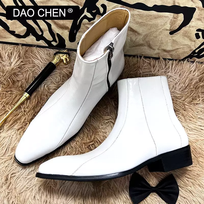 WHITE ZIP GENUINE LEATHER DRESS MAN SHOE WEDDING BOOTS