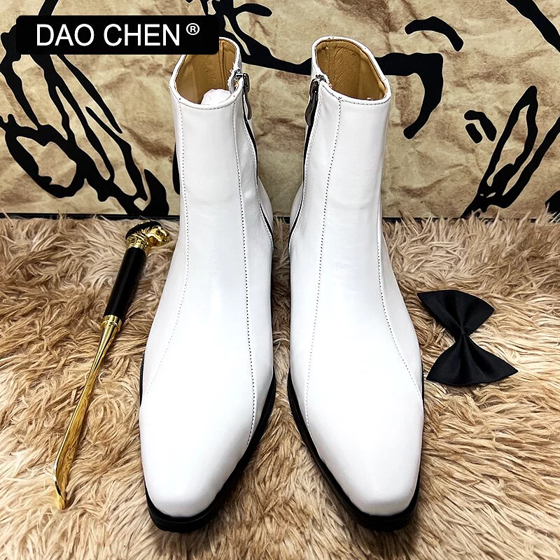 WHITE ZIP GENUINE LEATHER DRESS MAN SHOE WEDDING BOOTS