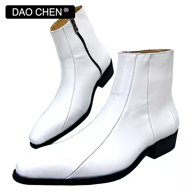 WHITE ZIP GENUINE LEATHER DRESS MAN SHOE WEDDING BOOTS