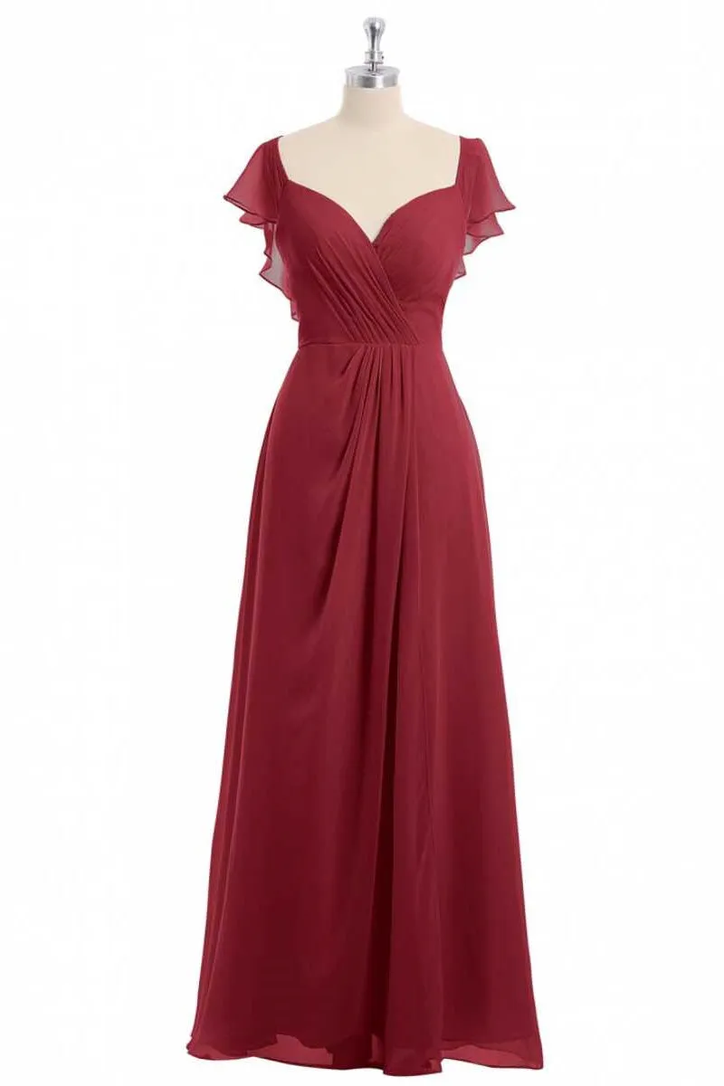 Wine Red Chiffon Backless Ruffled Sleeve Long Bridesmaid Dress