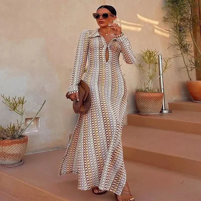 Women Casual Pattern Backless Maxi Dress Flare Long Sleeve Beach Party Dresses