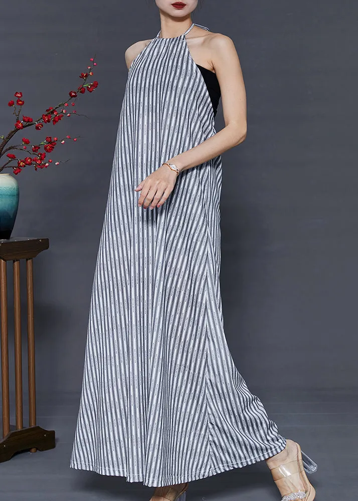 Women Grey Striped Backless Cotton Beach Dress Summer