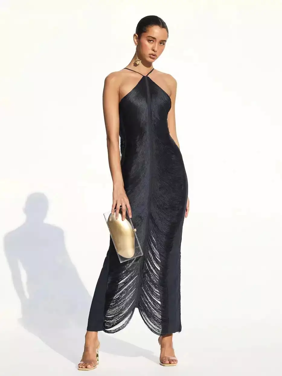 Women Party Shinny Metallic Halter Dress Female Sleeveless Backless Bodycorn Long Vestidos Lady Party Club Evening Robes