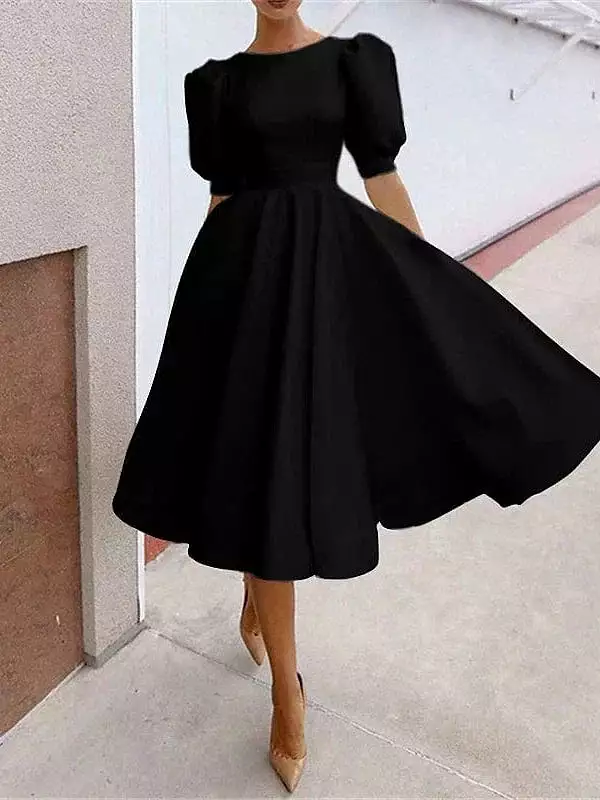 Women's Elegant Backless Swing Dress with Short Sleeves and Crew Neck