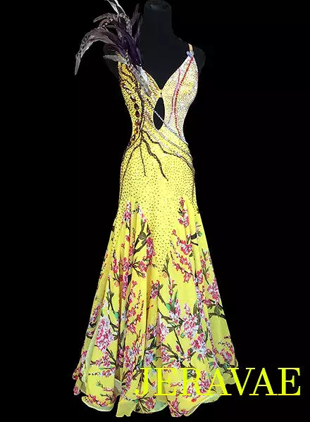 Yellow American Smooth Ballroom Dress with Floral Skirt and Feathers SMO040 sz Small SOLD