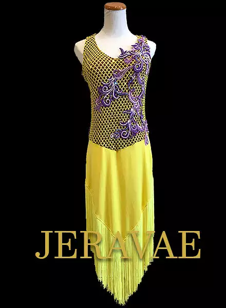 Yellow Latin/Rhythm Dress with Fringe Skirt and net bodice. Purple Lace and Swaovski Stones L/XL Lat100