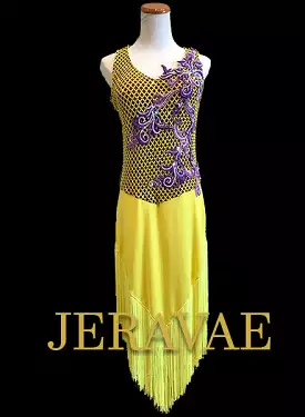 Yellow Latin/Rhythm Dress with Fringe Skirt and net bodice. Purple Lace and Swaovski Stones L/XL Lat100