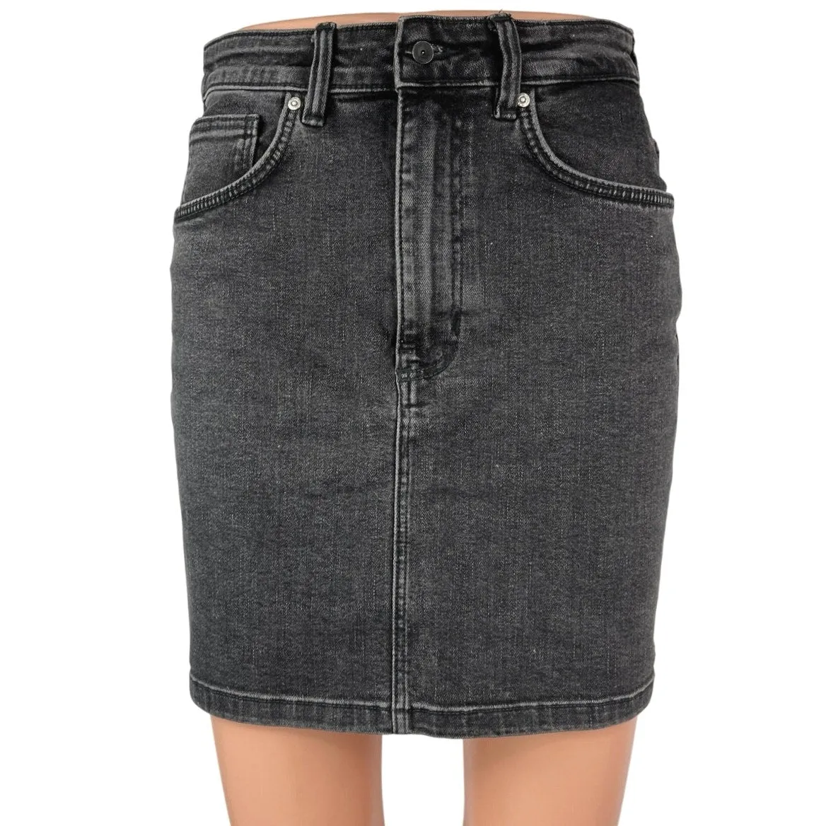 Zara Black Washed High Waisted Mini Pencil Casual Denim Jean Skirt Size M