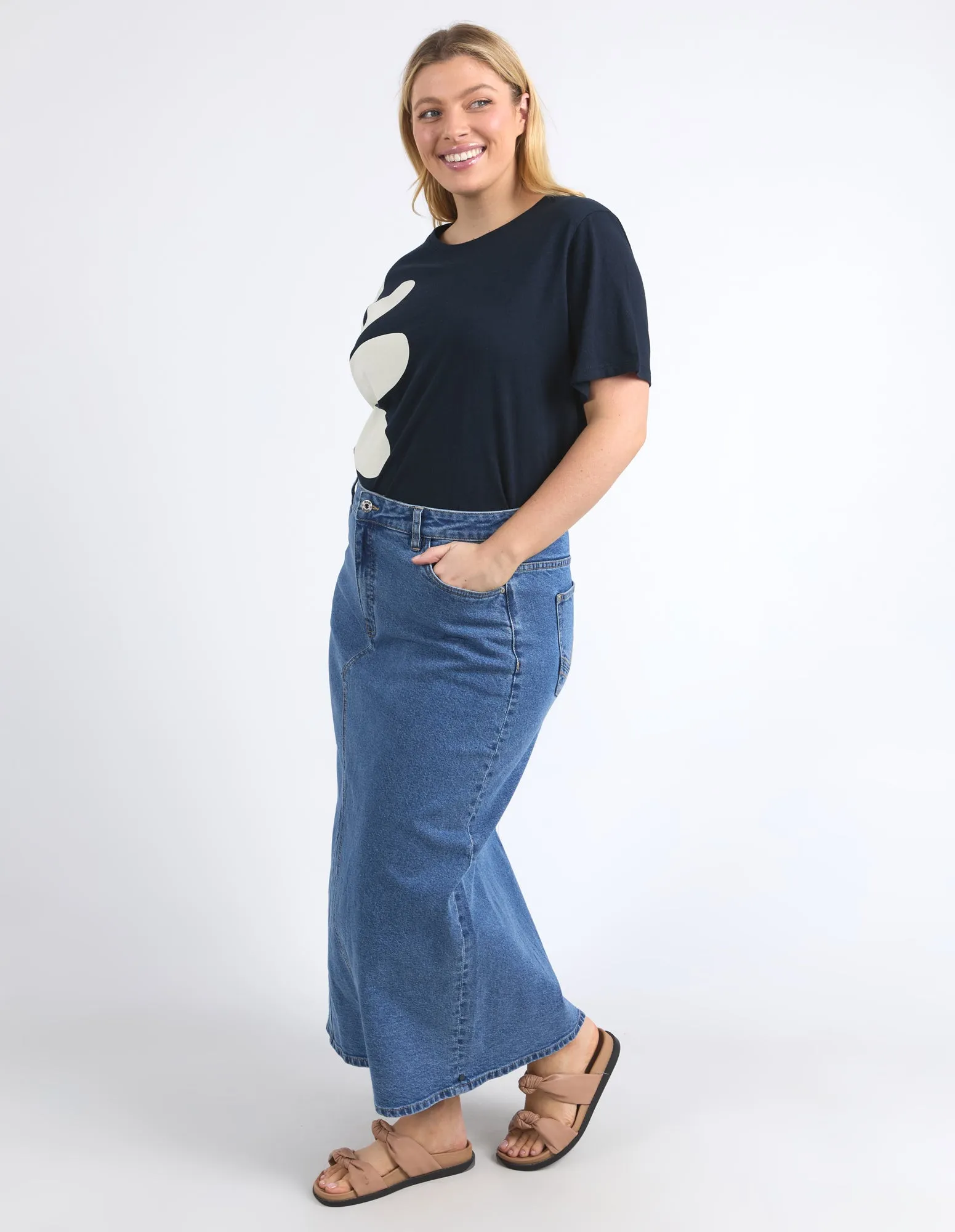 Zoe Midi Denim Skirt Mid Blue Wash